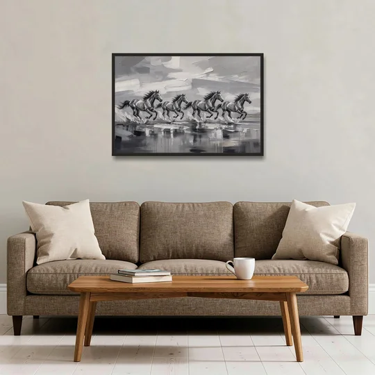 Large Black and White Scene of Four Galloping Horses - Black Framed Canvas Wall Art - Sofa - 36x24