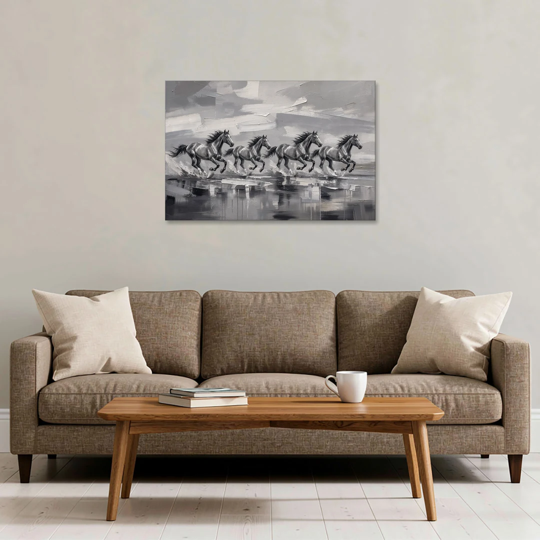 Large Black and White Scene of Four Galloping Horses - Canvas Wall Art - Sofa - 36x24