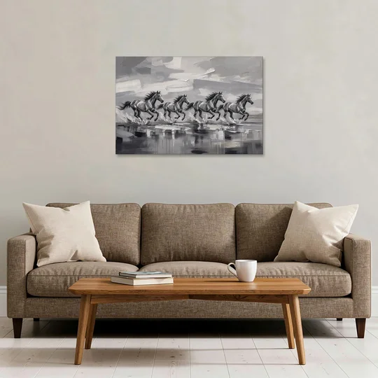 Large Black and White Scene of Four Galloping Horses - Canvas Wall Art - Sofa - 36x24