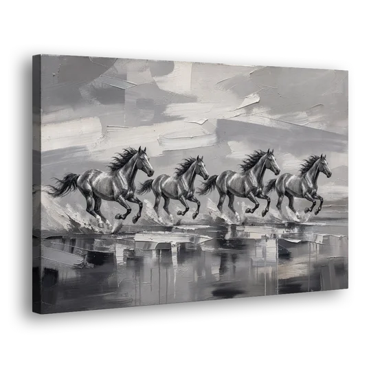 Large Black and White Scene of Four Galloping Horses - Canvas Wall Art - Side