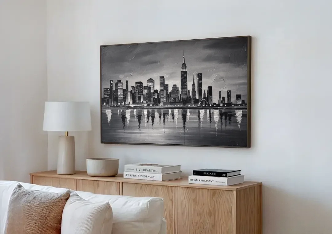 Large Black and White Wall Art for Living Room canvas wall art above a wooden sideboard next to a sofa