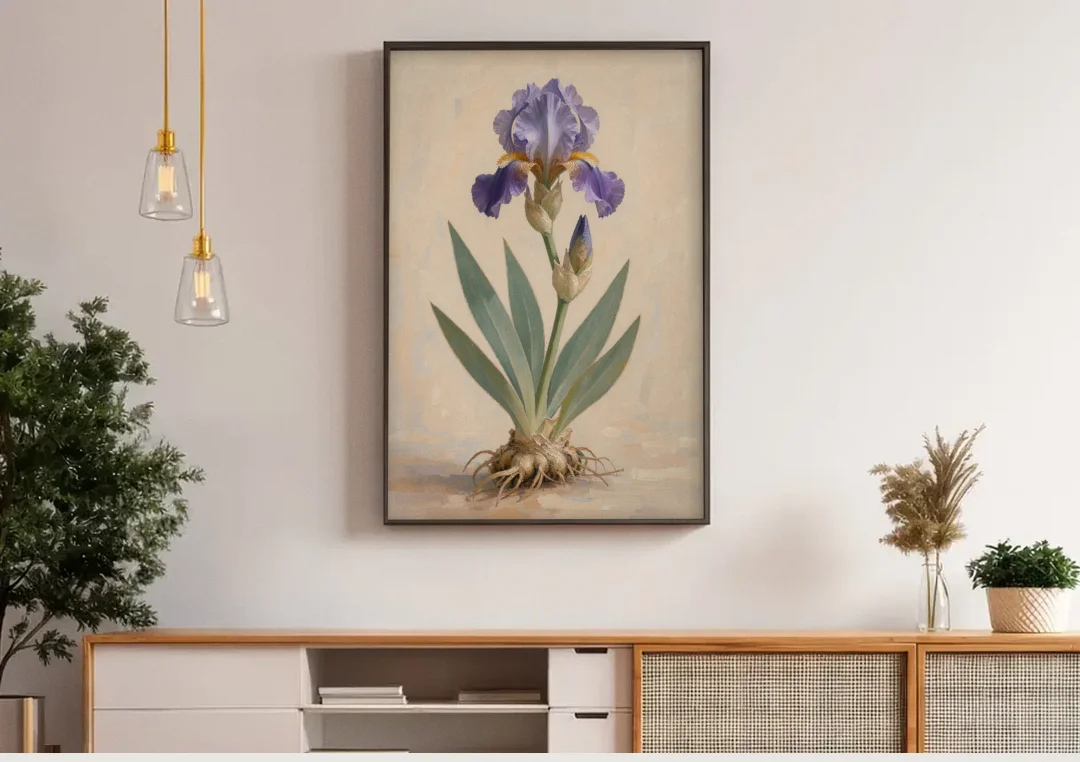 Large Botanical Wall Art of a Bearded Iris canvas wall art above a wooden sideboard under pendant lights