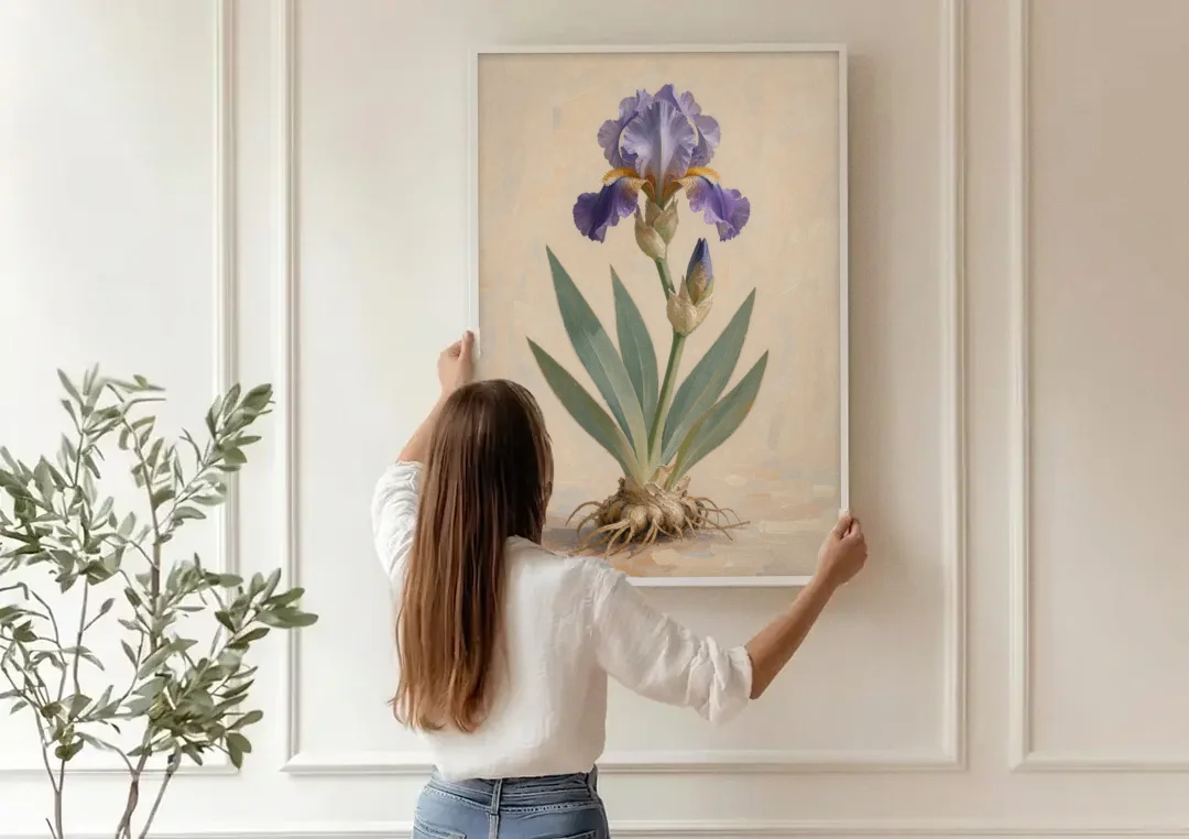 Large Botanical Wall Art of a Bearded Iris canvas wall art being hung on a paneled wall
