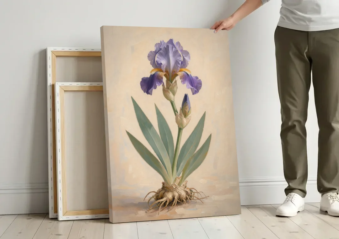 Large Botanical Wall Art of a Bearded Iris canvas wall art leaning against a wall next to blank canvases