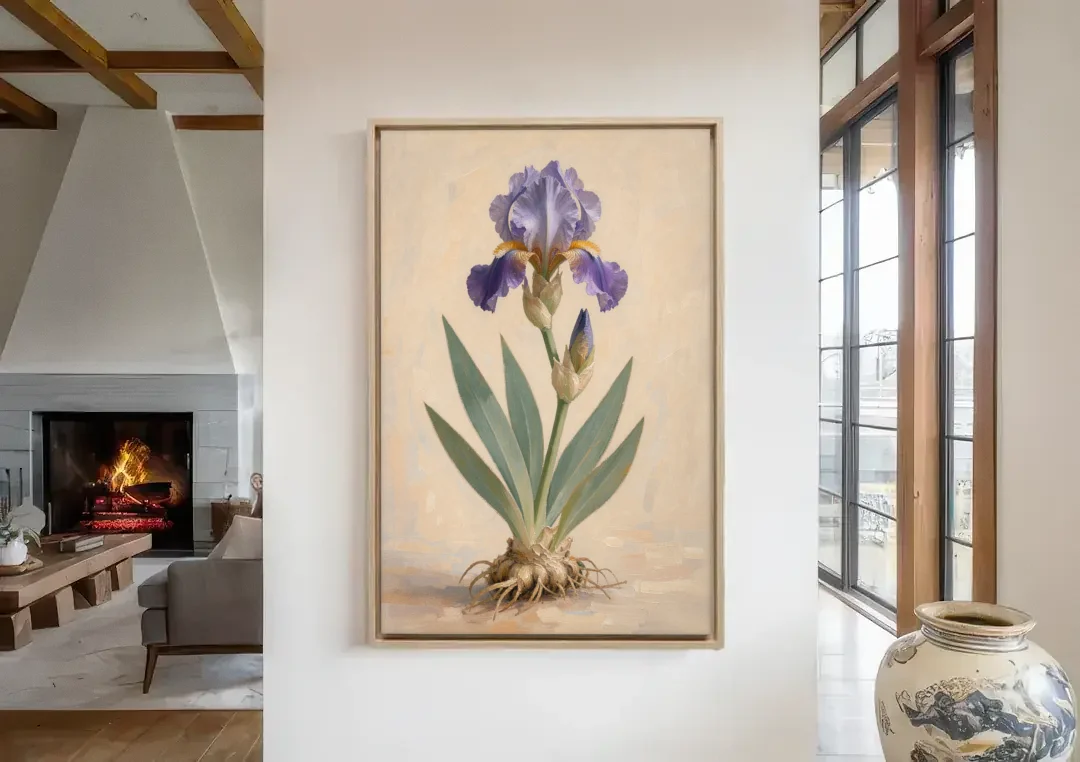 Large Botanical Wall Art of a Bearded Iris canvas wall art in a living room with a fireplace