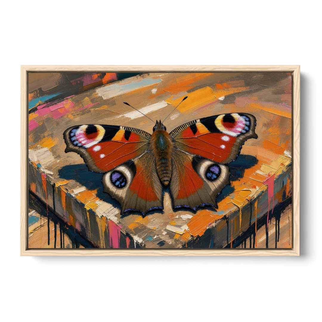 Large Butterfly Wall Art Peacock Basking on Stone - Oak Framed Canvas Wall Art - Front