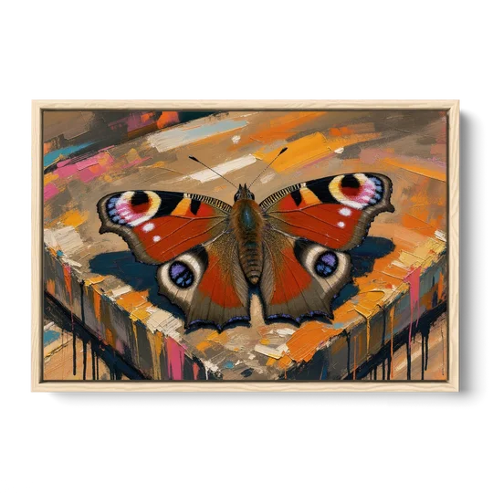 Large Butterfly Wall Art Peacock Basking on Stone - Oak Framed Canvas Wall Art - Front