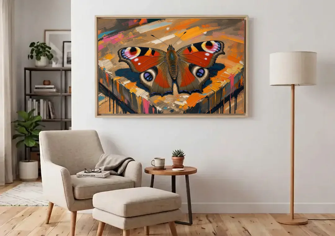 Large Butterfly Wall Art Peacock Basking on Stone canvas wall art above an armchair in a bright living room