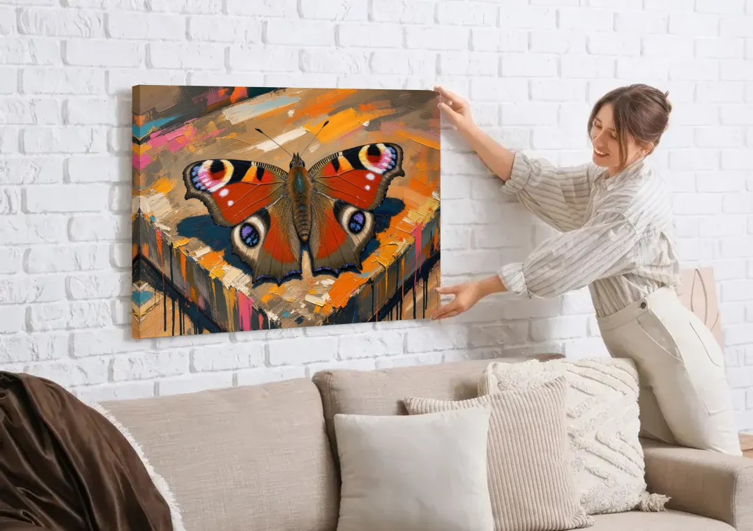Large Butterfly Wall Art Peacock Basking on Stone canvas wall art being hung on a white brick wall above a sofa