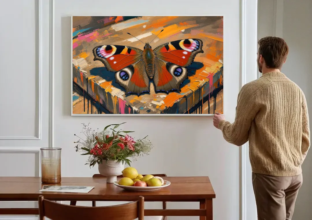 Large Butterfly Wall Art Peacock Basking on Stone canvas wall art above a dining table