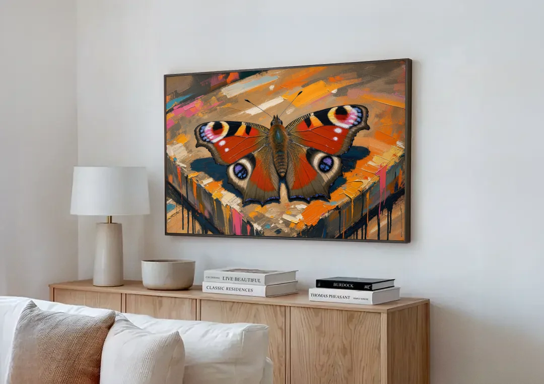 Large Butterfly Wall Art Peacock Basking on Stone canvas wall art above a wooden sideboard next to a sofa