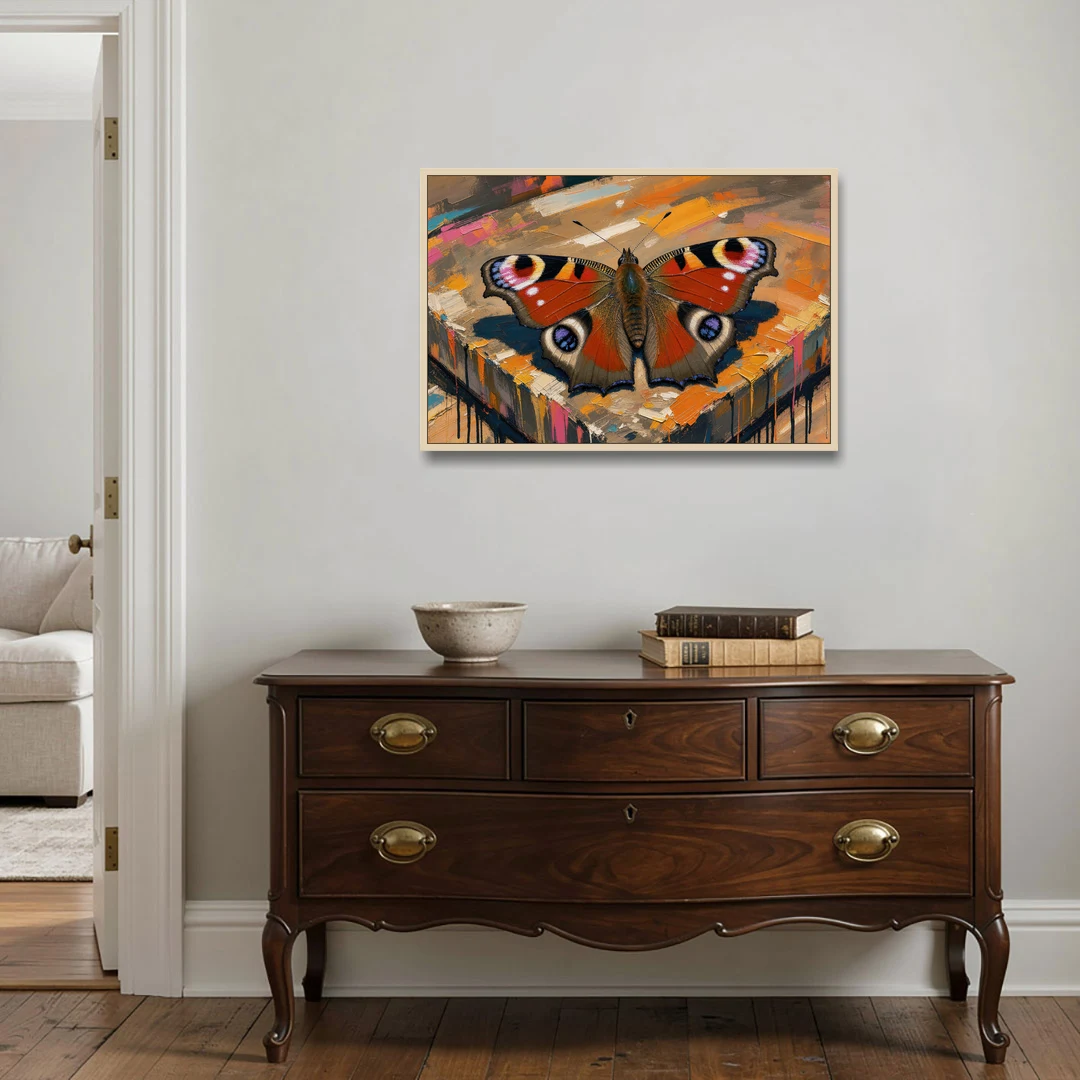 Large Butterfly Wall Art Peacock Basking on Stone - Oak Framed Canvas Wall Art - Coffee Table - 36x24
