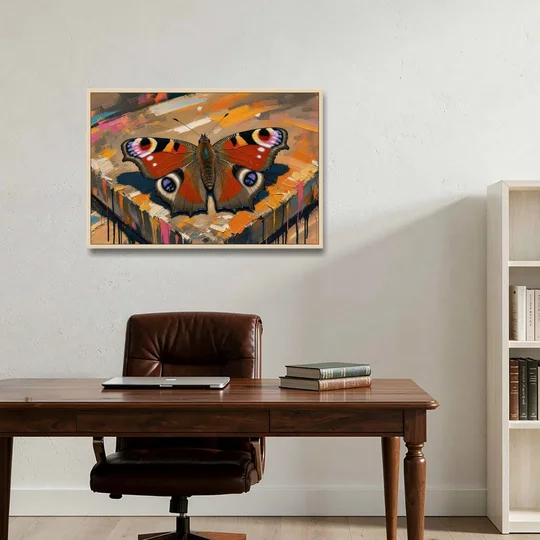 Large Butterfly Wall Art Peacock Basking on Stone - Oak Framed Canvas Wall Art - Office - 36x24