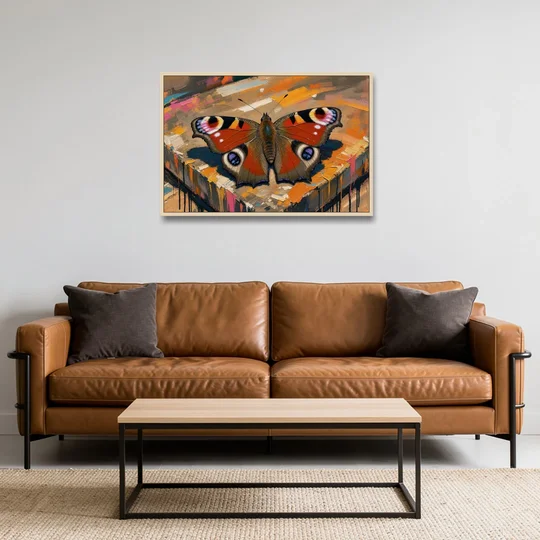 Large Butterfly Wall Art Peacock Basking on Stone - Oak Framed Canvas Wall Art - Sofa - 36x24