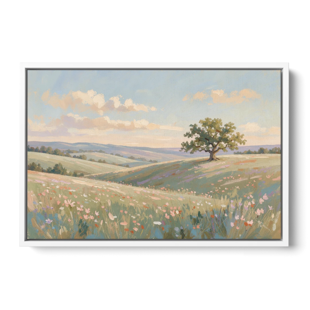 Large Canvas Prints Lone Oak on Spring Hills - White Framed Canvas Wall Art - Front