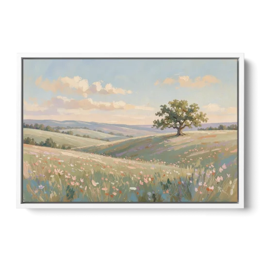 Large Canvas Prints Lone Oak on Spring Hills - White Framed Canvas Wall Art - Front