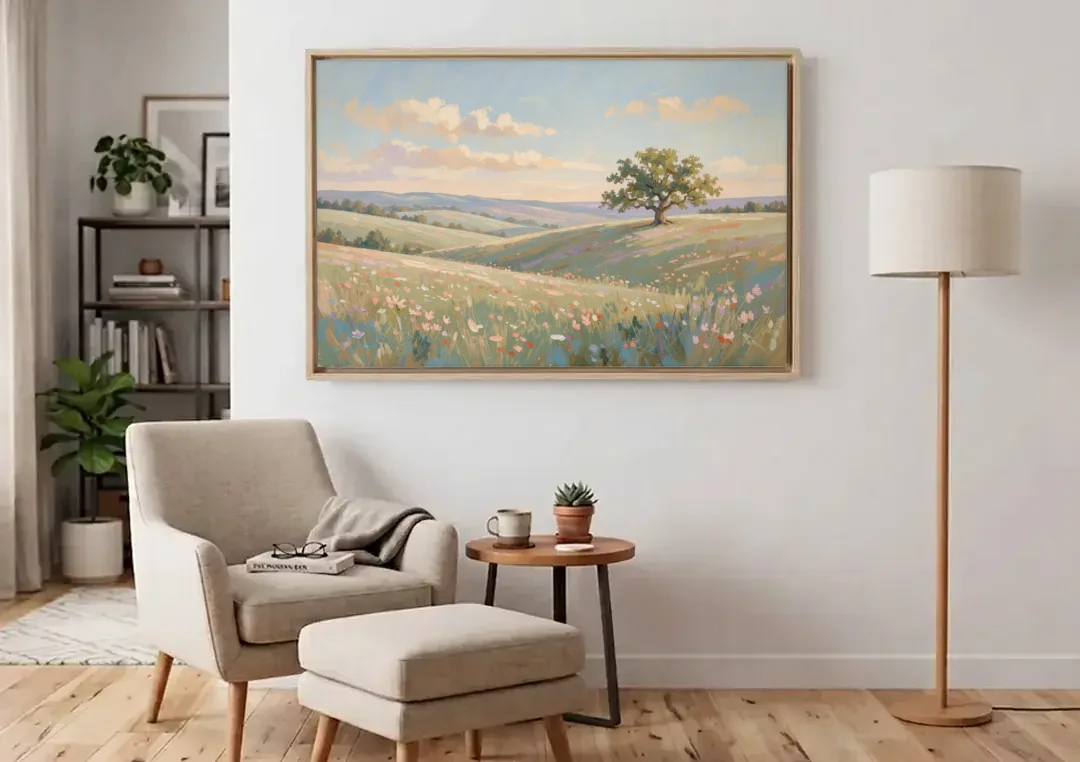 Large Canvas Prints Lone Oak on Spring Hills canvas wall art above an armchair in a bright living room