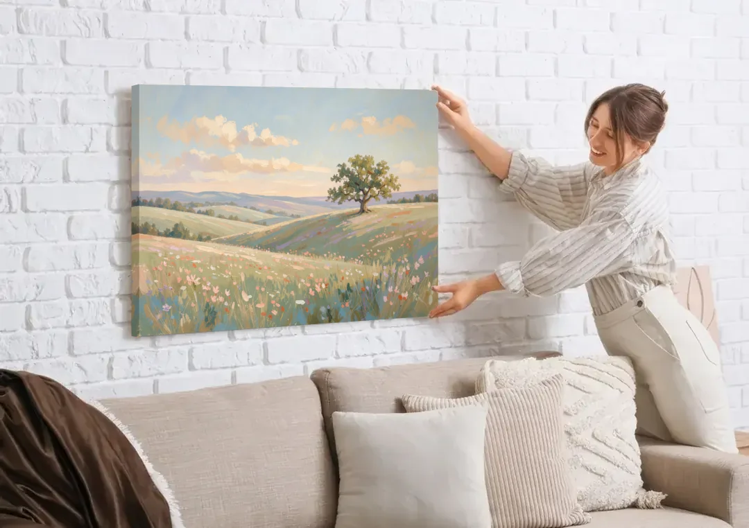 Large Canvas Prints Lone Oak on Spring Hills canvas wall art being hung on a white brick wall above a sofa