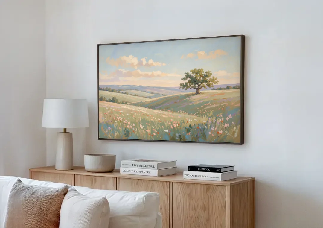 Large Canvas Prints Lone Oak on Spring Hills canvas wall art above a wooden sideboard next to a sofa