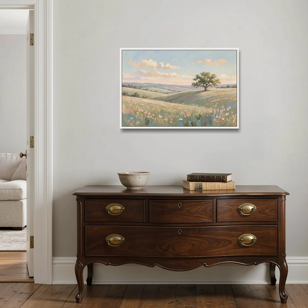 Large Canvas Prints Lone Oak on Spring Hills - White Framed Canvas Wall Art - Coffee Table - 36x24