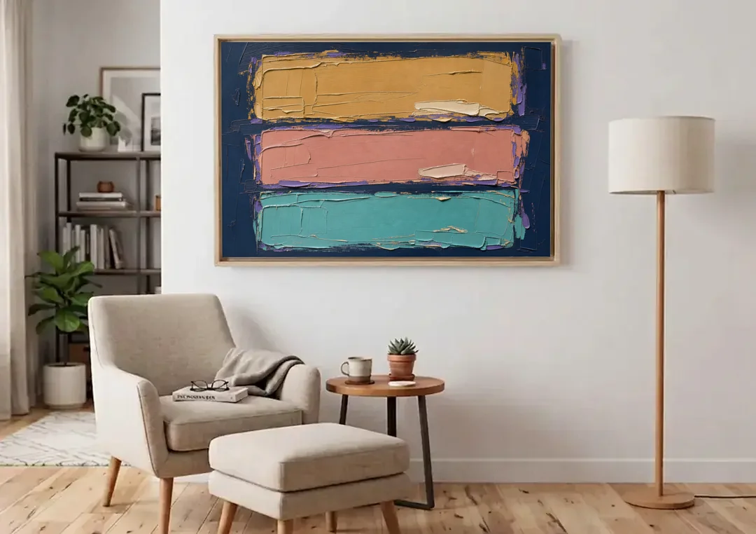 Large Canvas Wall Art for Living Room Tricolor Fields canvas wall art above an armchair in a bright living room