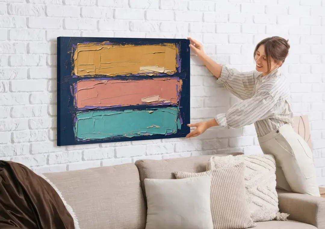 Large Canvas Wall Art for Living Room Tricolor Fields canvas wall art being hung on a white brick wall above a sofa