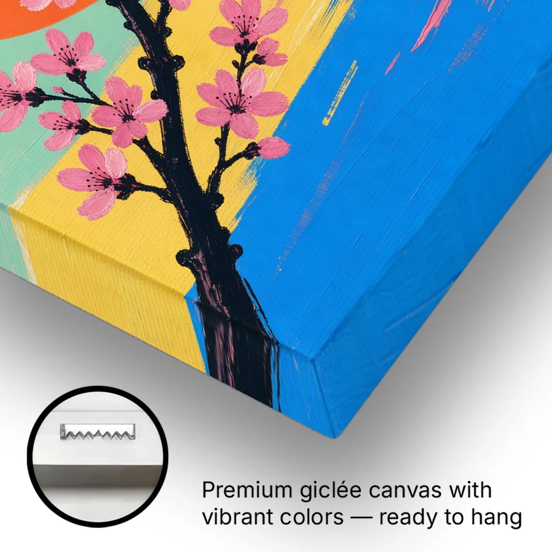 Large Cherry Blossom Canvas with Orange Sun - Canvas Wall Art - Gallery Wrap Corner