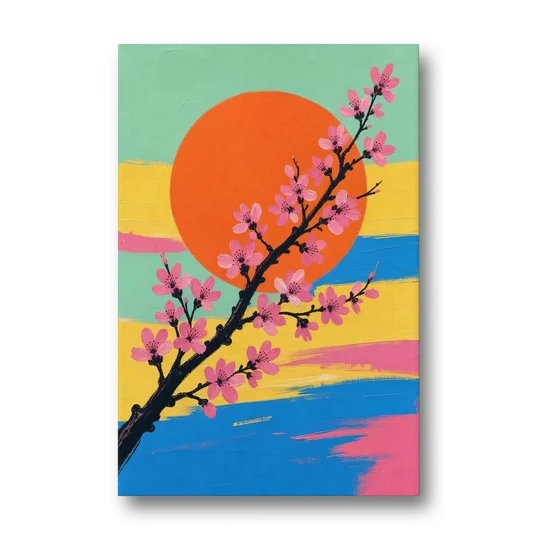 Large Cherry Blossom Canvas with Orange Sun - Canvas Wall Art - Front