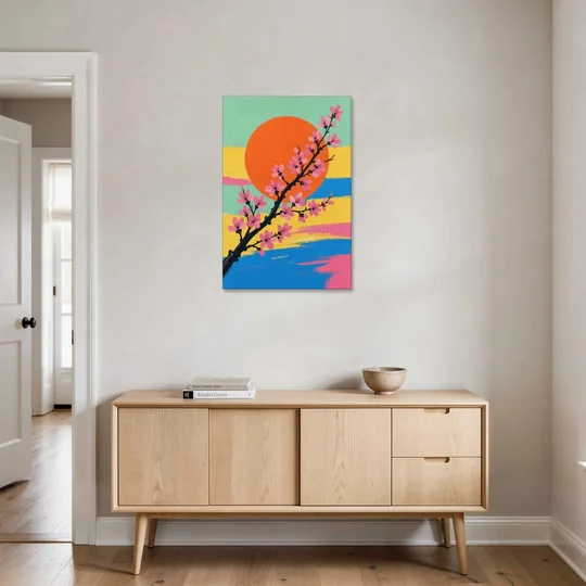 Large Cherry Blossom Canvas with Orange Sun - Canvas Wall Art - Coffee Table - 24x36