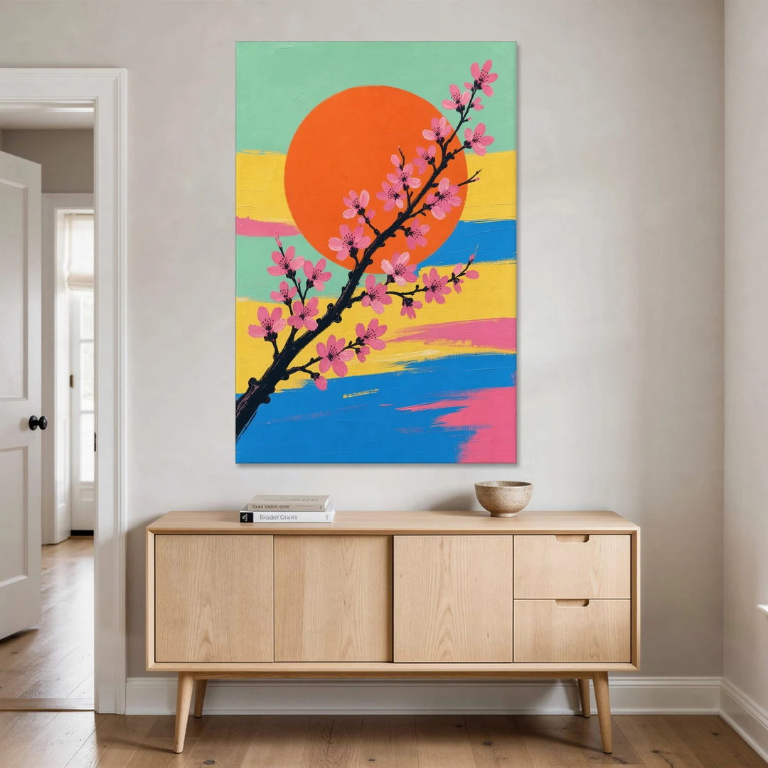 Large Cherry Blossom Canvas with Orange Sun - Canvas Wall Art - Coffee Table - 40x60