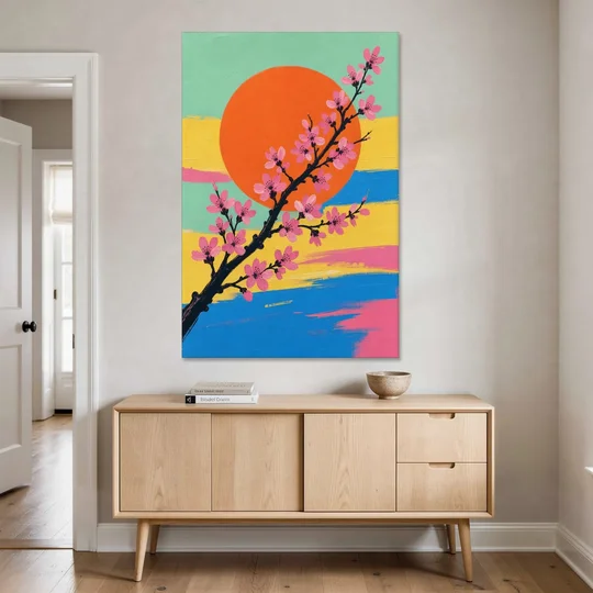 Large Cherry Blossom Canvas with Orange Sun - Canvas Wall Art - Coffee Table - 40x60
