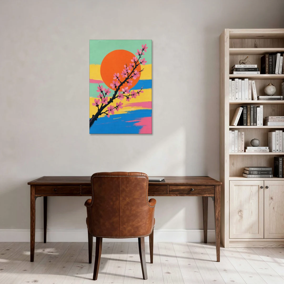 Large Cherry Blossom Canvas with Orange Sun - Canvas Wall Art - Office - 24x36