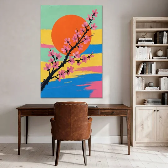 Large Cherry Blossom Canvas with Orange Sun - Canvas Wall Art - Office - 40x60
