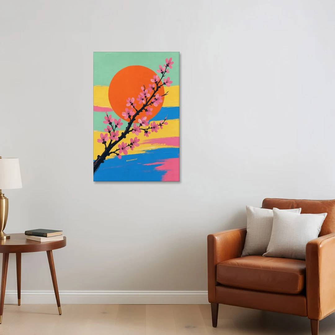 Large Cherry Blossom Canvas with Orange Sun - Canvas Wall Art - Sofa - 24x36