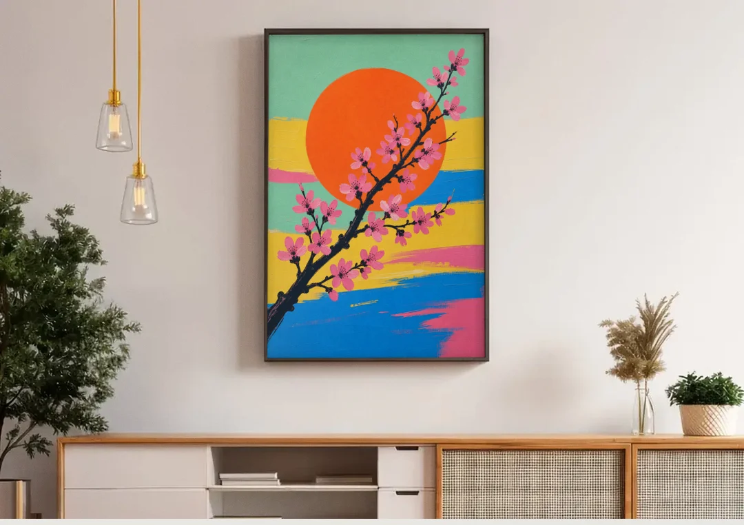 Large Cherry Blossom Canvas with Orange Sun canvas wall art above a wooden sideboard under pendant lights