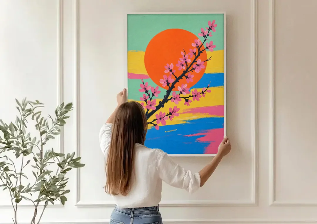 Large Cherry Blossom Canvas with Orange Sun canvas wall art being hung on a paneled wall