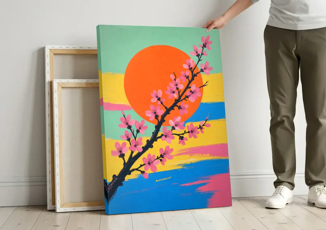 Large Cherry Blossom Canvas with Orange Sun canvas wall art leaning against a wall next to blank canvases