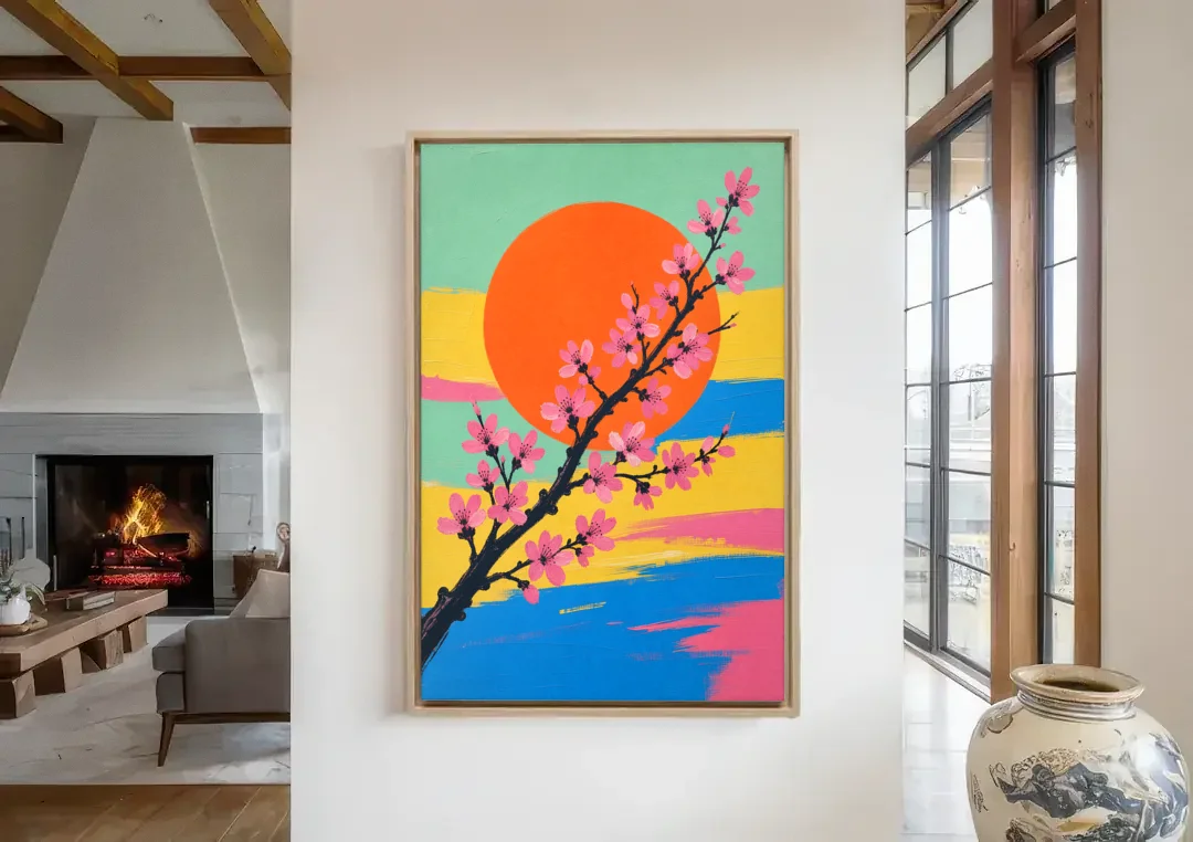 Large Cherry Blossom Canvas with Orange Sun canvas wall art in a living room with a fireplace