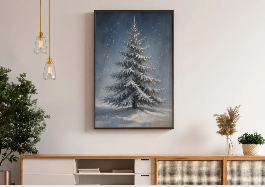 Large Christmas Canvas Art of a Snowy Silver Spruce canvas wall art above a wooden sideboard under pendant lights