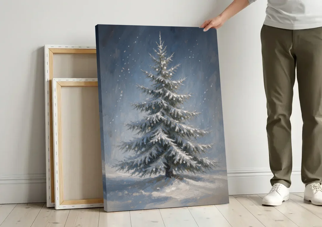 Large Christmas Canvas Art of a Snowy Silver Spruce canvas wall art leaning against a wall next to blank canvases