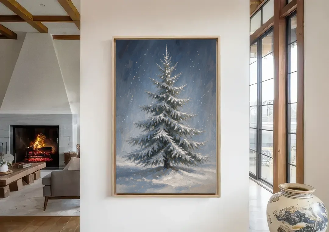Large Christmas Canvas Art of a Snowy Silver Spruce canvas wall art in a living room with a fireplace