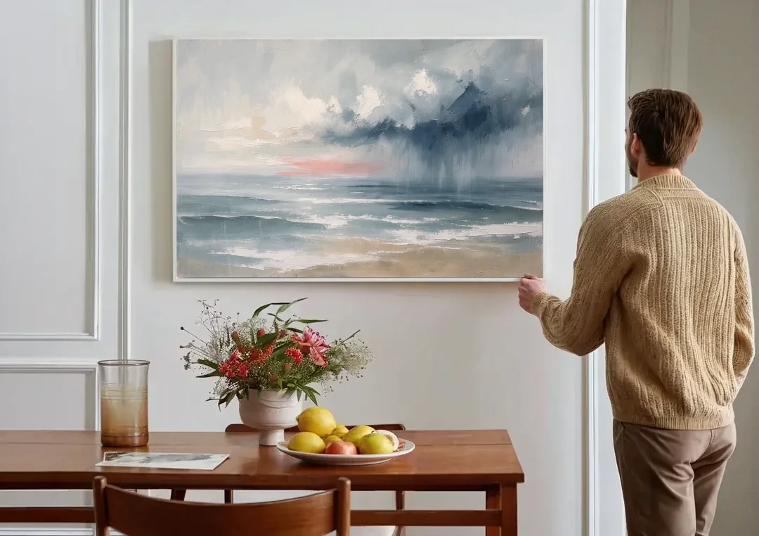 Large Coastal Wall Art of a Distant Squall canvas wall art above a dining table