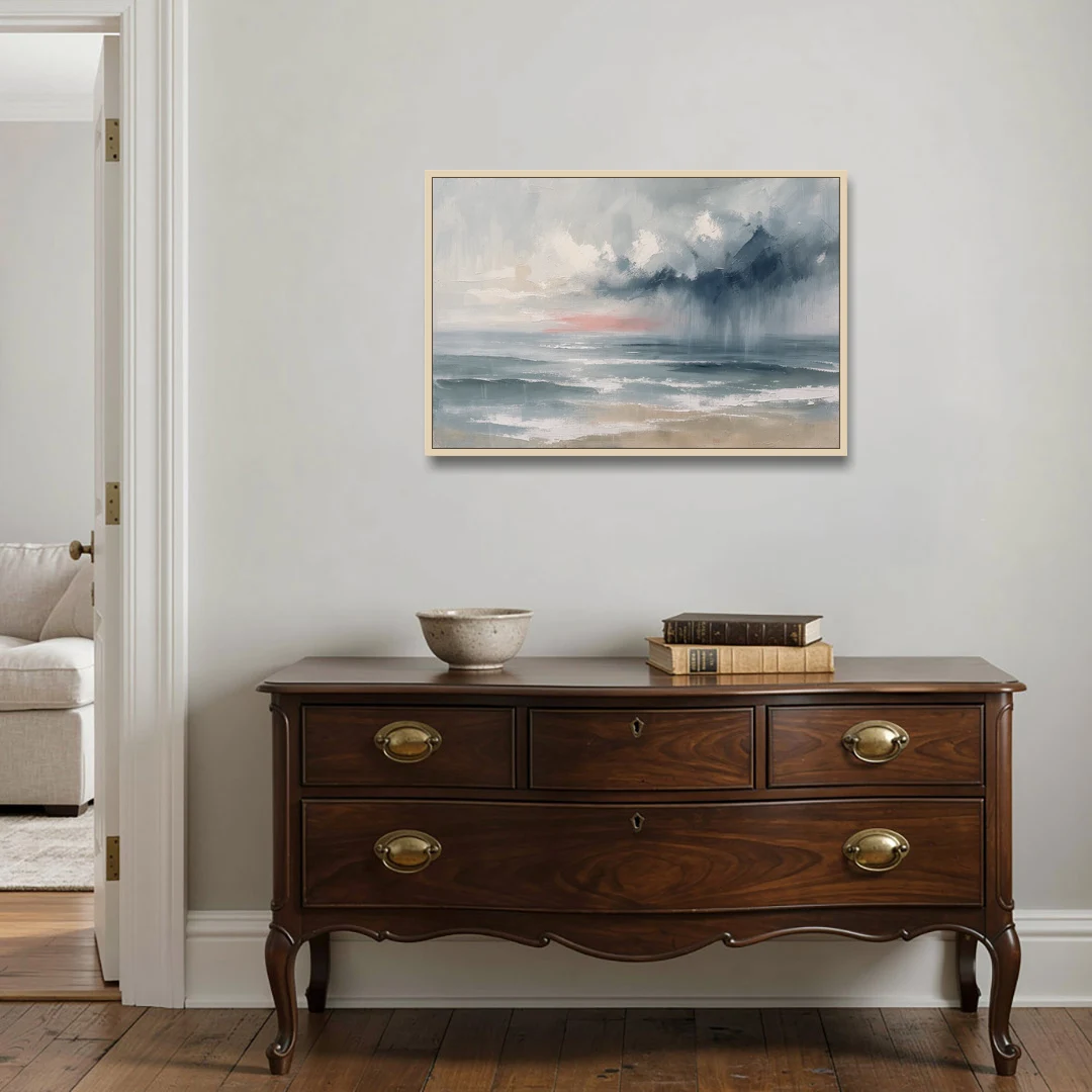 Large Coastal Wall Art of a Distant Squall - Oak Framed Canvas Wall Art - Coffee Table - 36x24