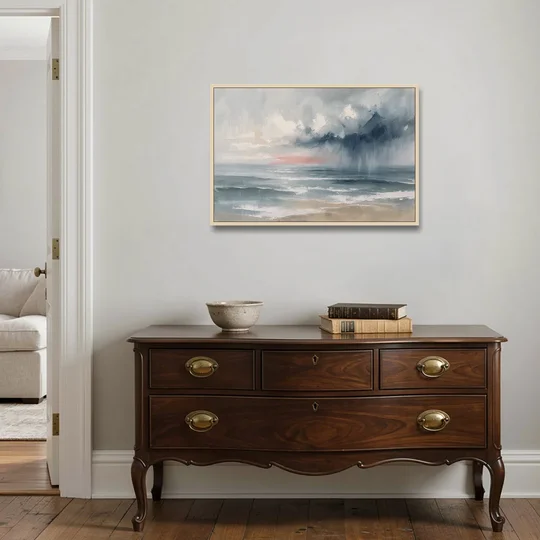 Large Coastal Wall Art of a Distant Squall - Oak Framed Canvas Wall Art - Coffee Table - 36x24