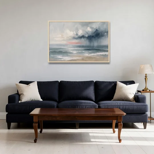 Large Coastal Wall Art of a Distant Squall - Oak Framed Canvas Wall Art - Sofa - 36x24