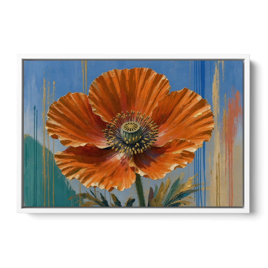 Large Floral Canvas Wall Art of an Orange Poppy - White Framed Canvas Wall Art - Front