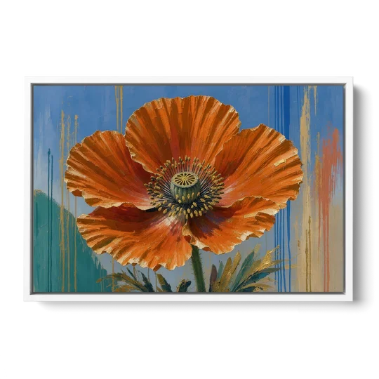 Large Floral Canvas Wall Art of an Orange Poppy - White Framed Canvas Wall Art - Front