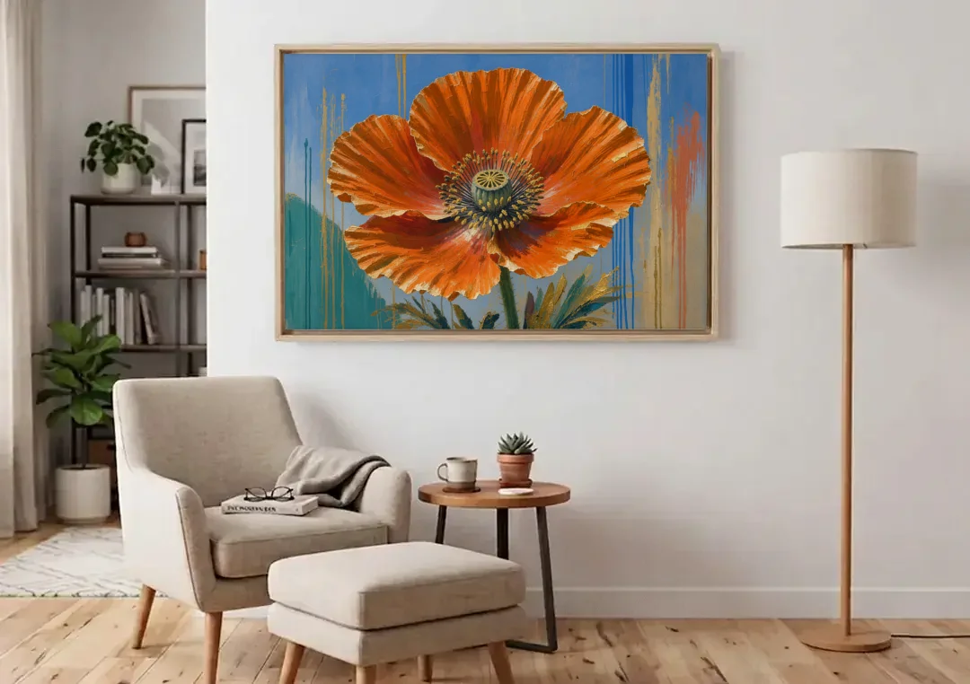 Large Floral Canvas Wall Art of an Orange Poppy canvas wall art above an armchair in a bright living room