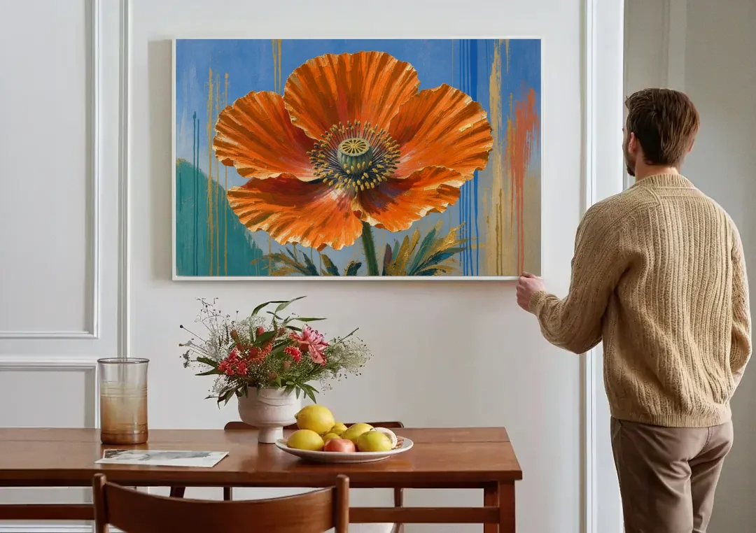 Large Floral Canvas Wall Art of an Orange Poppy canvas wall art above a dining table