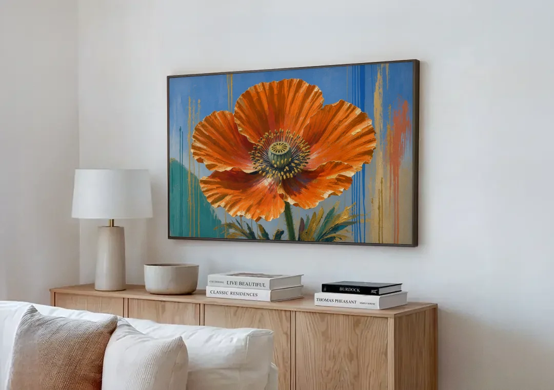 Large Floral Canvas Wall Art of an Orange Poppy canvas wall art above a wooden sideboard next to a sofa